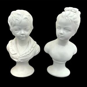 Japan Vintage White Ceramic  Boy & Girl Bust Figurines 9” .